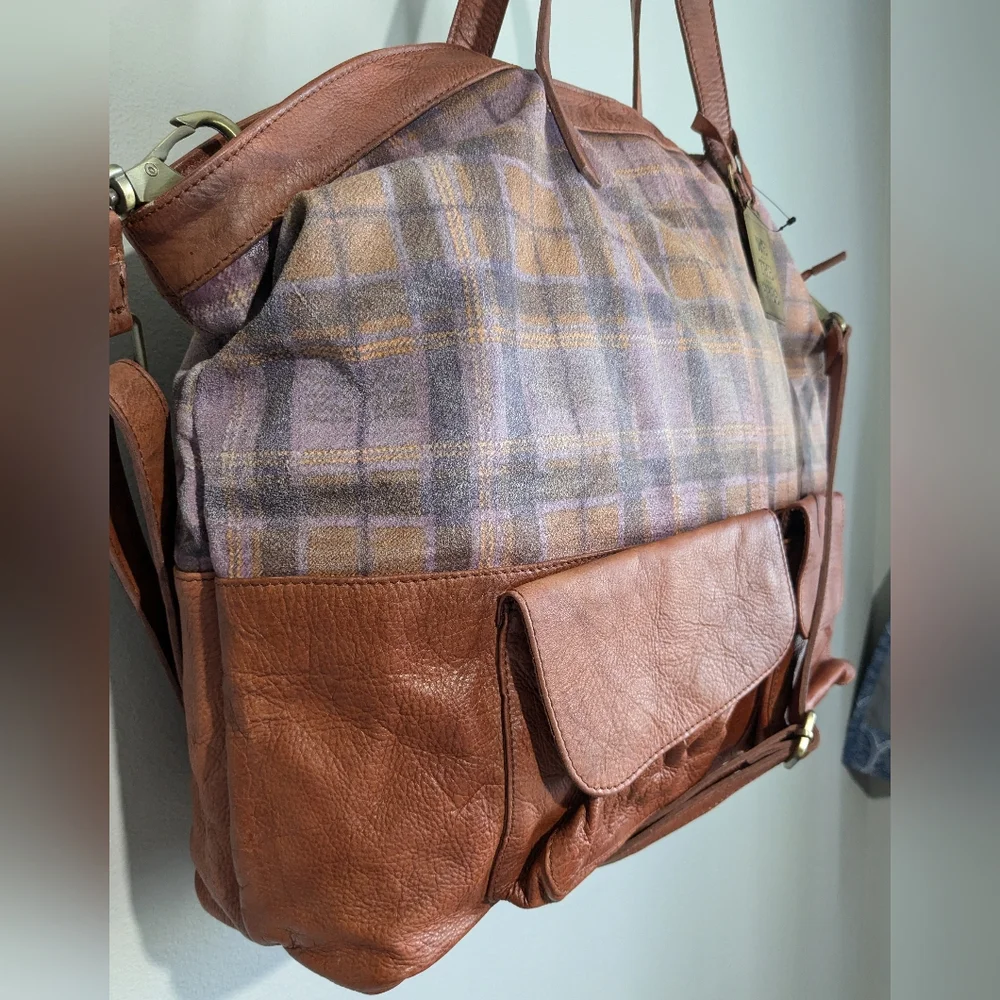 Free People We the Free Leather Rockport Tote Madras Plaid - Picture 5 of 12